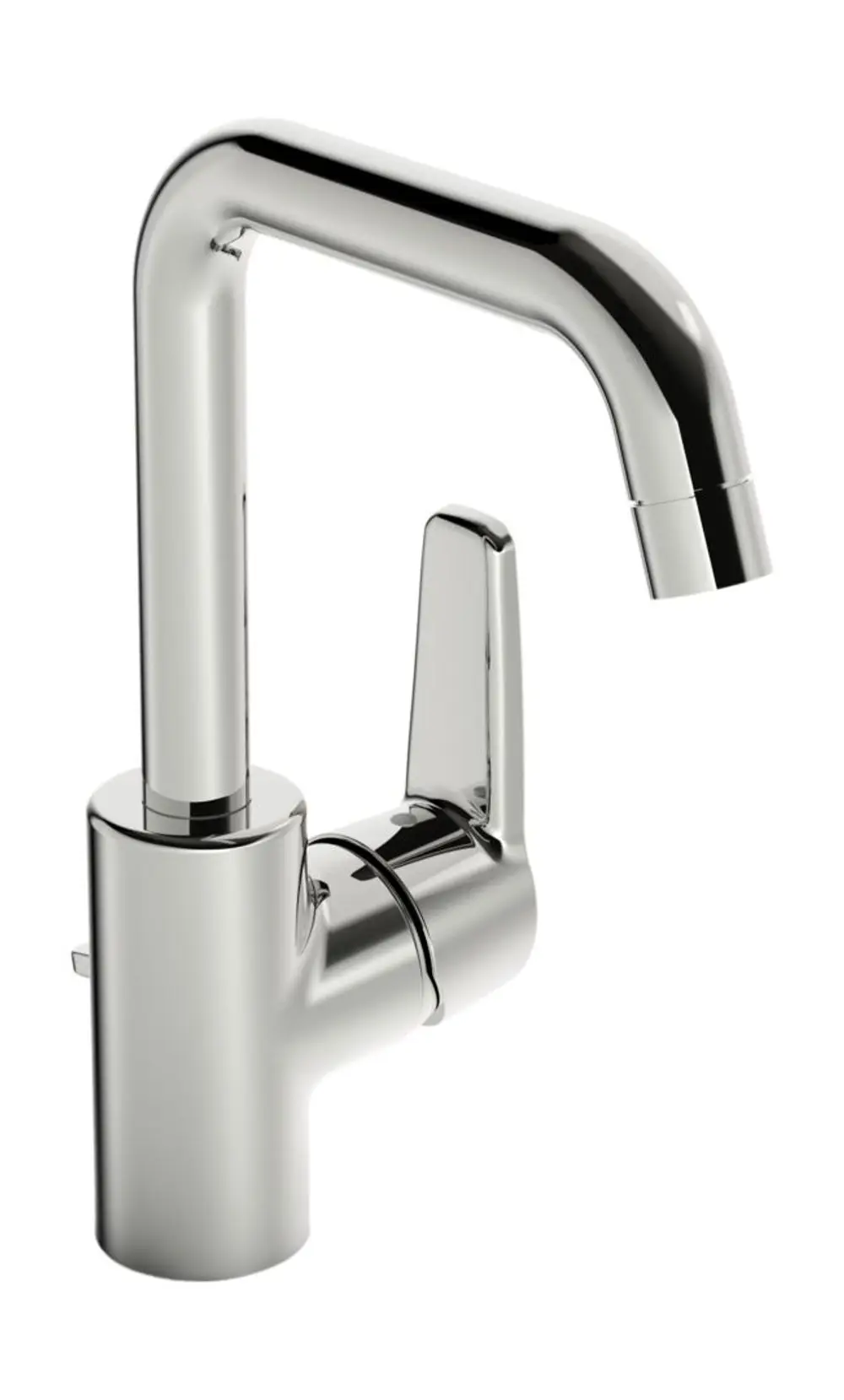 Einhebelmischer in Chrom-Optik mit seitlichem Hebel und abgerundetem Auslauf. Modell von HANSA mit integriertem Zugstangenablauf.